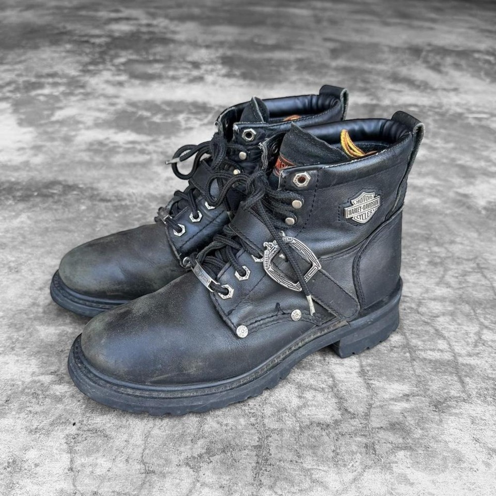 Vintage Harley Davidson black leather chunky lace up moto boots  Men's size 7,